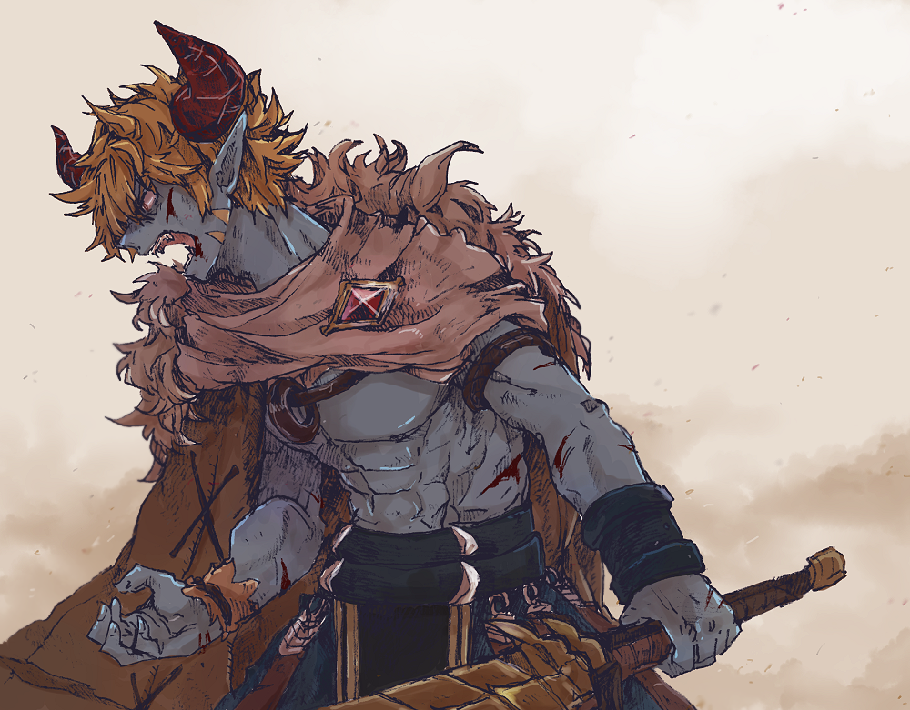 1boy, abs, angry, another_eden, armlet, belt, black_belt, bleeding