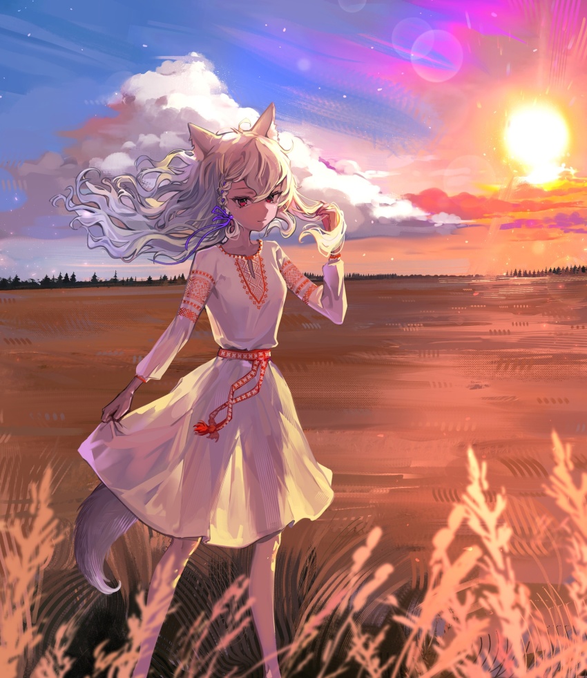 1girl, alpha_(alpha_1918), animal_ear_fluff, animal_ears, artist_request, braid, breasts, cloud, drawfag, dress, field, floating_hair, hair_ribbon, hand_in_own_hair, highres, light_particles, long_hair, long_sleeves, looking_at_viewer, original, red_eyes, red_sash, ribbon, russian_clothes, sash, scenery, shiny_skin, single_braid, slavic_clothes, small_breasts, smile, solo, sundress, sunlight, sunset, tail, traditional_dress, vinok, vyshyvanka, waist_sash, white_dress, white_hair, wolf_ears, wolf_girl, wolf_tail