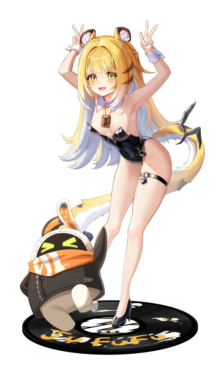 >_<, 1girl, absurdres, alternate_costume, animal_ears, armpits, arms_up, bangboo_(zenless_zone_zero)