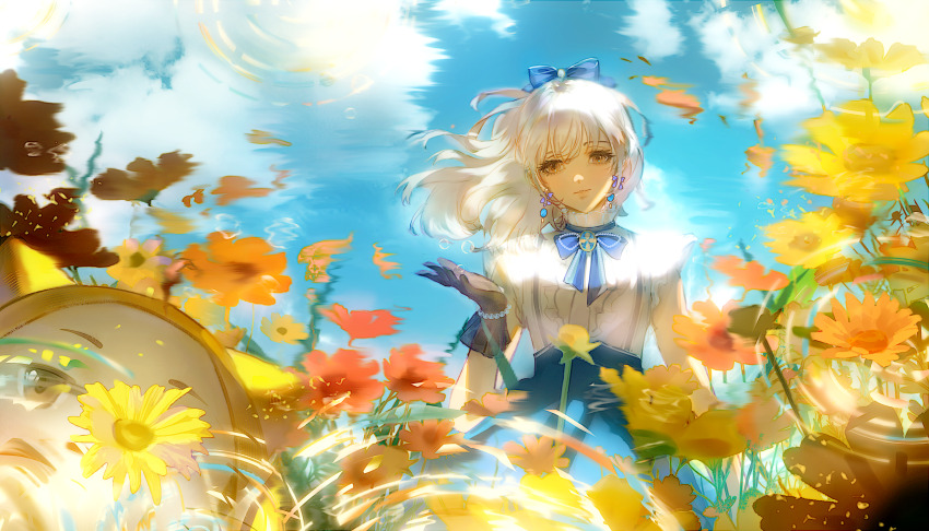 1girl, absurdres, animal, bare_shoulders, bead_bracelet, beads, black_gloves, blue_bow