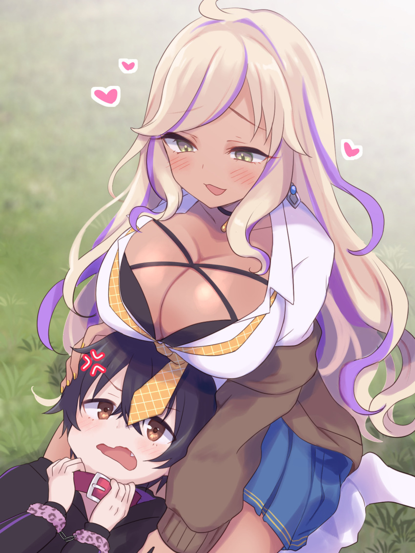 1boy, 1girl, age_difference, ahoge, anger_vein, belt, belt_collar, black_bra, black_hair, black_hoodie, blonde_hair, blue_skirt, blurry, blurry_background, bra, breasts, brown_cardigan, brown_eyes, cardigan, cleavage, collar, collarbone, curly_hair, dark_skin, earrings, fang, grass, gucchiann, hair_between_eyes, hand_on_another's_head, heart, highres, holding, hood, hoodie, huge_breasts, jewelry, kariza_(princess_connect!), kariza_(real)_(princess_connect!), lap_pillow, long_hair, long_sleeves, looking_at_another, loose_socks, multicolored_hair, nea_(princess_connect!), nea_(real)_(princess_connect!), necktie, on_ground, onee-shota, open_mouth, outdoors, plaid_clothes, plaid_skirt, princess_connect!, purple_hair, seiza, shirt, shota, sitting, skirt, socks, thighs, two-tone_hair, underwear, wavy_mouth, white_shirt, white_socks, yellow_eyes, yellow_necktie