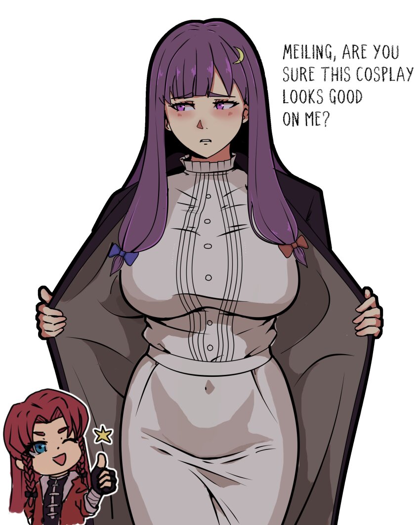 2girls, absurdres, andycookiez, black_gloves, breasts, cosplay, english_text, fern_(sousou_no_frieren)