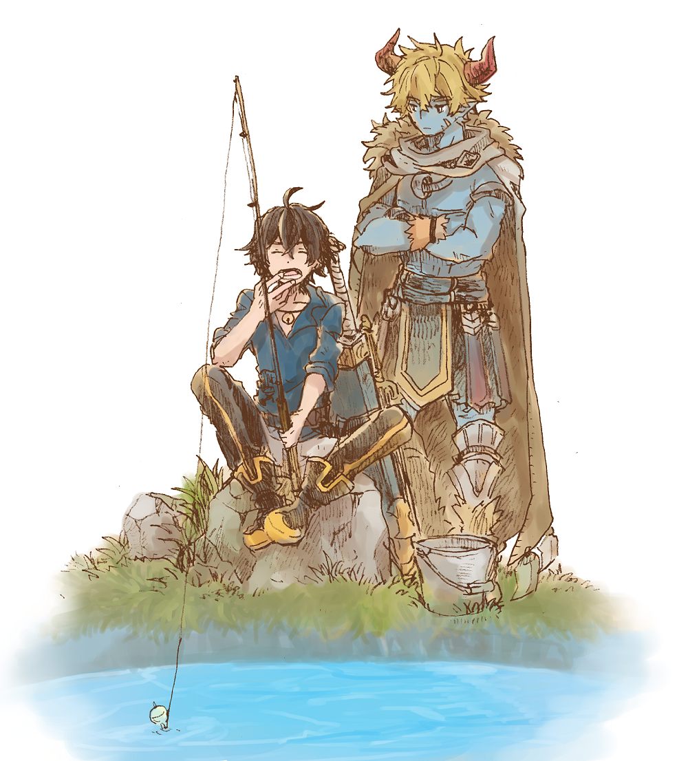 2boys, ahoge, aldo_(another_eden), another_eden, armlet, armored_boots, bell, belt, black_belt, black_boots, black_hair, black_pants, black_skirt, blonde_hair, blue_shirt, blue_skin, boots, border, brown_cape, bucket, cape, closed_eyes, closed_mouth, colored_skin, commentary_request, crossed_arms, crossed_bangs, demon_boy, demon_horns, double-parted_bangs, facial_mark, fading_border, fishing, fishing_line, fishing_rod, full_body, fur-trimmed_boots, fur-trimmed_cape, fur_trim, grass, guildna_(another_eden), hair_between_eyes, hand_to_own_mouth, hand_up, hatching_(texture), holding, holding_fishing_rod, horns, jewelry, jingle_bell, knees_apart_feet_together, linear_hatching, long_pointy_ears, looking_at_another, looking_down, lower_teeth_only, male_focus, michibata_65, multiple_boys, necklace, no_shirt, on_rock, open_mouth, outdoors, pants, pendant, pointy_ears, red_horns, scabbard, sheath, sheathed, shirt, short_hair, simple_background, sitting, skirt, sleeves_rolled_up, standing, sword, teeth, three-quarter_sleeves, toned, toned_male, v-neck, water, weapon, white_background, wrist_cuffs, yawning