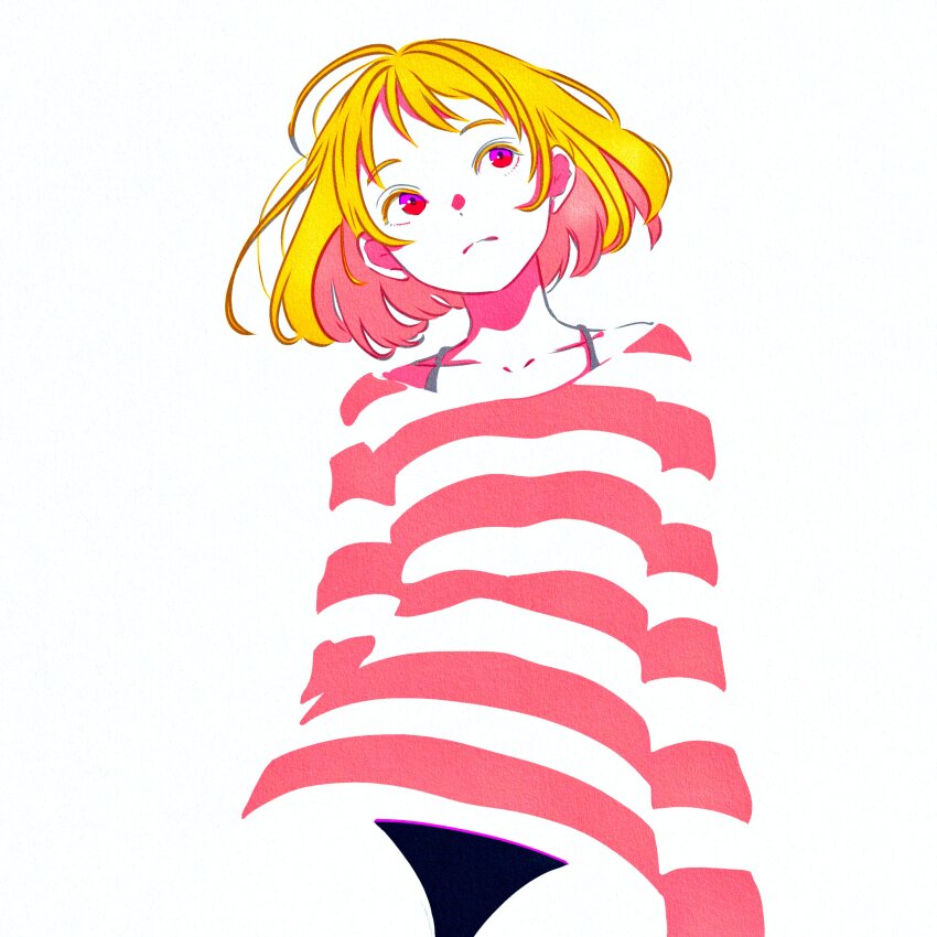 1girl, absurdres, bikini, bikini_under_clothes, black_bikini, black_panties, blending, blonde_hair, firework_japan, highres, no_pants, original, panties, red_shirt, shirt, short_hair, simple_background, solo, striped_clothes, striped_shirt, swimsuit, underwear, white_background, white_shirt