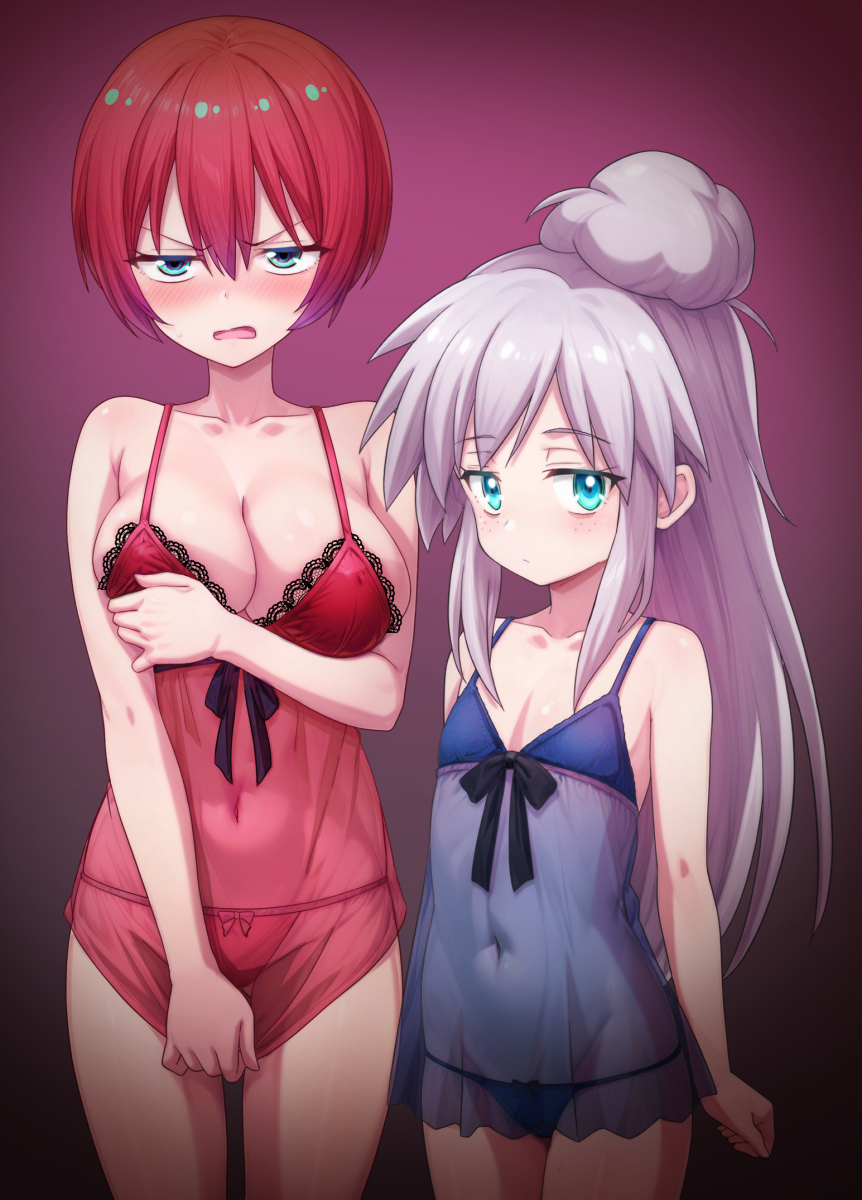 2girls, age_difference, amate_yuzuriha, babydoll, blue_babydoll, blue_eyes, breasts, collarbone, cowboy_shot, deux_murasame, embarrassed, flat_chest, freckles, gundam, gundam_gquuuuuux, highres, large_breasts, long_hair, looking_at_viewer, multiple_girls, onee-loli, red_babydoll, red_hair, ryusei2u, see-through_babydoll, see-through_clothes, short_hair, white_hair