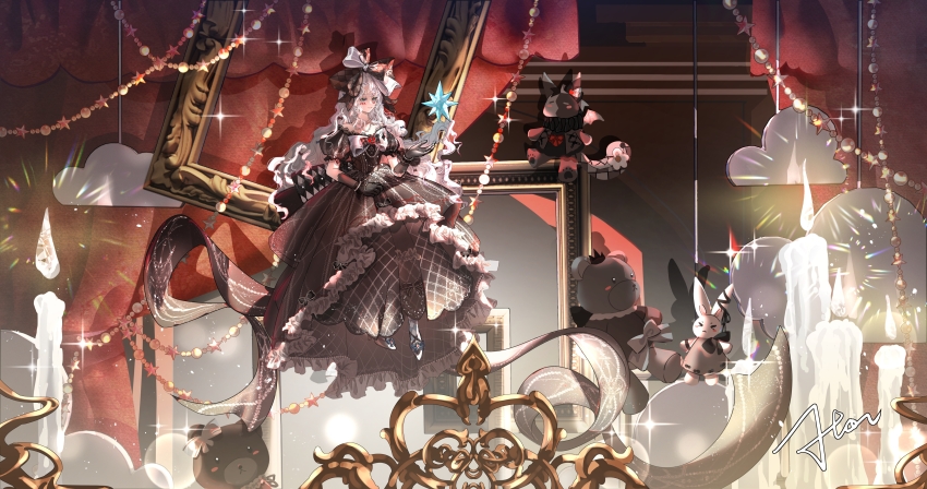 1girl, absurdres, argyle_bow, argyle_clothes, argyle_dress, argyle_pantyhose, bare_shoulders, bead_bracelet