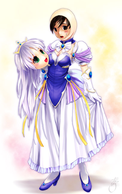 1boy, animegao, bodysuit, bodysuit_under_clothes, breasts, cleavage, cosplay, costume, crossdressing, crossdressing_(mtf), crown, dress, feena_fam_earthlight, feena_fam_earthlight_(cosplay), girl_suit, gloves, green_eyes, holding, kigurumi, long_hair, looking_at_viewer, male_focus, mask, princess, shoes, skirt, smile, solo, standing, sweat, tashiro_yuu, yoake_mae_yori_ruri_iro_na