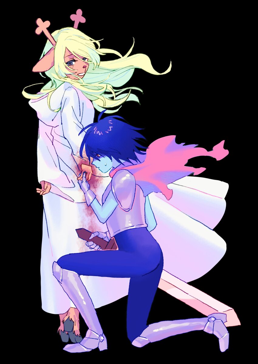 1girl, 1other, absurdres, animal_ears, antlers, armor, armored_boots, beryllium_game