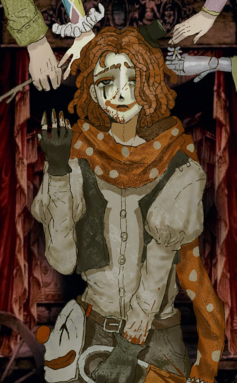 2girls, 3boys, belt, black_gloves, black_hat, black_vest, blood, blood_on_clothes