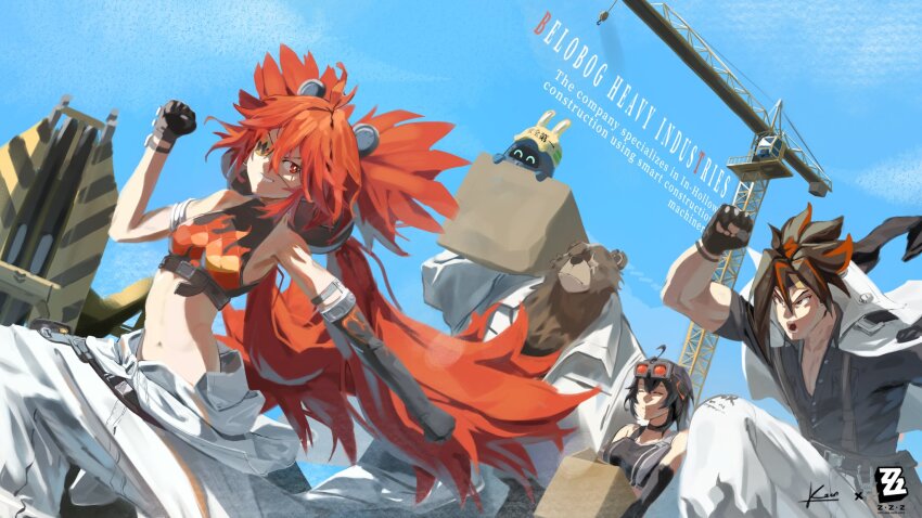 1other, 2boys, 2girls, animal_ears, anton_ivanov, bear_boy, bear_ears, belobog_heavy_industries_(zenless_zone_zero), ben_bigger, black_hair, black_shirt, black_tank_top, box, brown_fur, closed_eyes, closed_mouth, clothes_around_waist, commentary, copyright_logo, copyright_name, english_commentary, english_text, furry, furry_male, goggles, goggles_on_head, grace_howard, grin, hair_ornament, hard_hat, helmet, highres, holding, holding_box, jacket, jacket_around_waist, kogawa_kaen, koleda_belobog, logo, looking_back, looking_to_the_side, midriff, multicolored_hair, multiple_boys, multiple_girls, non-humanoid_robot, notched_ear, open_mouth, pants, rabbit_ears, red_hair, robot, running, safety_(zenless_zone_zero), scar, scar_across_eye, scar_on_face, shirt, signature, smile, sphere_hair_ornament, streaked_hair, tank_top, twintails, white_jacket, white_pants, zenless_zone_zero