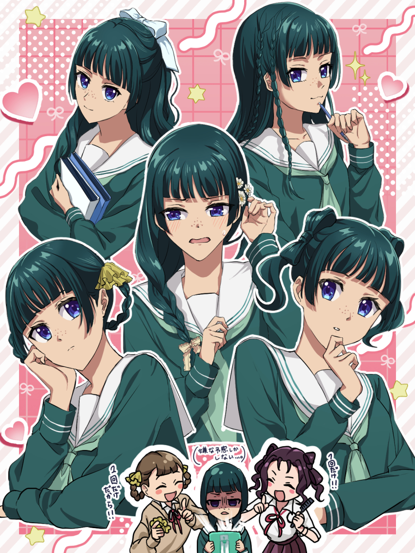 3girls, :o, alternate_costume, blue_eyes, blunt_bangs, blush_stickers, book, bow