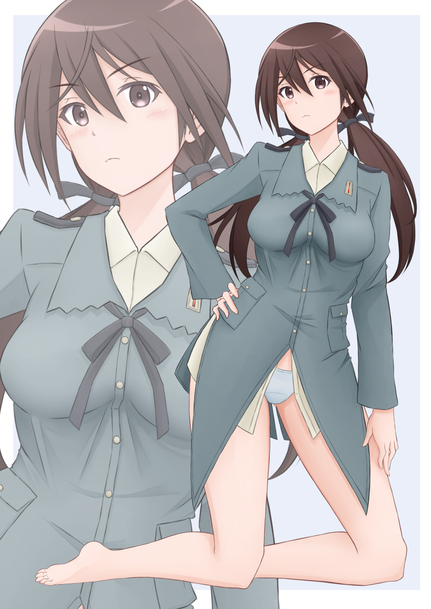 1girl, absurdres, barefoot, black_ribbon, blush, breasts, brown_eyes, brown_hair, gertrud_barkhorn, hair_ribbon, hand_on_own_hip, highres, jacket, kneeling, long_hair, long_sleeves, looking_at_viewer, medium_breasts, military, military_uniform, no_pants, panties, ribbon, solo, strike_witches, tubamesaapoo, twintails, underwear, white_panties, world_witches_series, zoom_layer