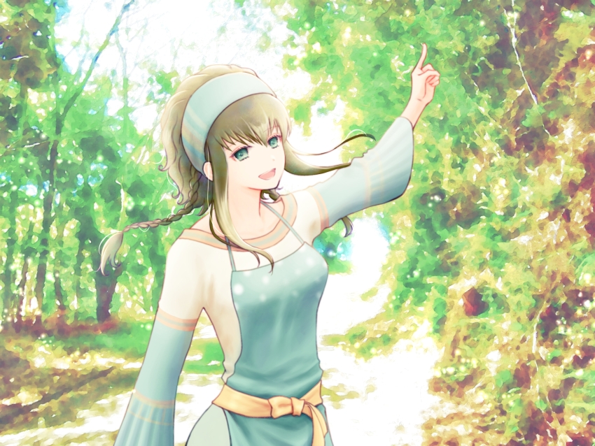 1girl, :d, apron, azu_rin_go, bokujou_monogatari, bokujou_monogatari:_tsunagaru_shin_tenchi, braid, breasts, collarbone, cowboy_shot, day, floating_hair, green_apron, green_eyes, green_hair, green_headband, green_shirt, hair_between_eyes, headband, highres, licorice_(bokujou_monogatari), long_sleeves, looking_at_viewer, medium_breasts, nature, open_mouth, outdoors, pointing, pointing_up, sash, shirt, short_hair_with_long_locks, side_braids, smile, solo, watercolor_background, white_shirt, wide_sleeves, yellow_sash
