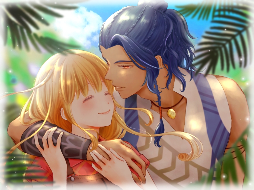 1boy, 1girl, arm_around_neck, arm_guards, azu_rin_go, black_armlet, blonde_hair, blue_hair, blue_sky, blurry, blurry_background, blurry_foreground, blush, bokujou_monogatari, bokujou_monogatari:_mittsu_no_sato_no_taisetsuna_tomodachi, border, braid, brown_overalls, closed_eyes, closed_mouth, cloud, collared_shirt, cornrows, couple, curly_sidelocks, curtained_hair, dark-skinned_male, dark_skin, day, face-to-face, fern, floating_hair, hair_bun, half-closed_eyes, half_updo, hand_on_another's_arm, hand_on_another's_hand, hetero, highres, jewelry, light_particles, looking_at_another, ludus_(bokujou_monogatari), muscular, muscular_male, nanami_(bokujou_monogatari), necklace, orange_eyes, outdoors, overalls, parted_lips, pink_lips, plaid_clothes, plaid_shirt, red_shirt, shirt, short_sleeves, side_braid, sidelocks, single_hair_bun, sky, sleeveless_tunic, smile, tunic, wavy_hair, white_border, white_tunic