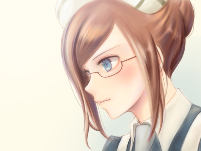 1girl, angela_(bokujou_monogatari), azu_rin_go, blue_background, blue_dress, blue_eyes, blush, bokujou_monogatari, bokujou_monogatari:_tsunagaru_shin_tenchi, brown-framed_eyewear, brown_hair, closed_mouth, collared_dress, dress, glasses, gradient_background, grey_necktie, hair_bun, hat, highres, lone_nape_hair, looking_to_the_side, necktie, nurse, nurse_cap, parted_bangs, portrait, sidelocks, smile, solo, white_background
