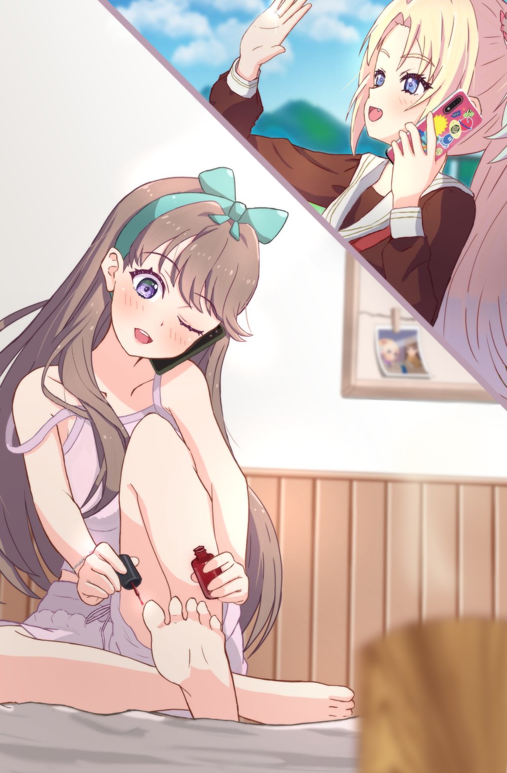 2girls, :d, ;d, applying_pedicure, aqua_bow, aqua_hairband, arm_up, bare_shoulders, barefoot, blonde_hair, blue_eyes, blue_hair, blush, bottle, bow, bow_hairband, brown_hair, camisole, cellphone, collarbone, commentary_request, cosmetics, curtained_hair, fang, fujishima_megumi, gradient_hair, hairband, hasu_no_sora_school_uniform, highres, holding, holding_bottle, holding_phone, link!_like!_love_live!, long_hair, long_sleeves, love_live!, mira-cra_park!, mizoochi_league, multicolored_hair, multiple_girls, nail_polish, nail_polish_bottle, nail_polish_brush, neckerchief, one_eye_closed, open_mouth, osawa_rurino, parted_bangs, phone, photo_(object), pink_camisole, pink_shorts, purple_eyes, red_neckerchief, sailor_collar, school_uniform, shorts, sitting, smartphone, smile, soles, talking_on_phone, toes, twintails, virtual_youtuber, white_sailor_collar, winter_uniform