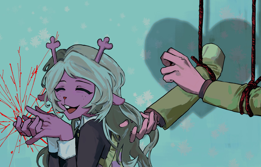 1girl, 1other, animal_ears, antlers, blonde_hair, blood, blue_background, closed_eyes