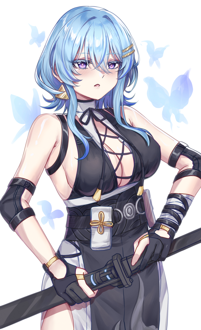 1girl, absurdres, bandaged_arm, bandages, bare_shoulders, black_dress, black_gloves, blue_butterfly