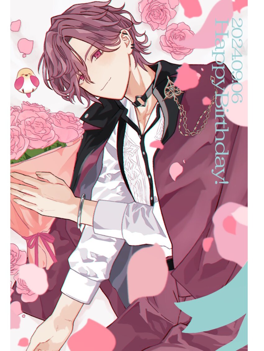 1boy, bird, black_choker, bracelet, choker, earrings, falling_petals, flower