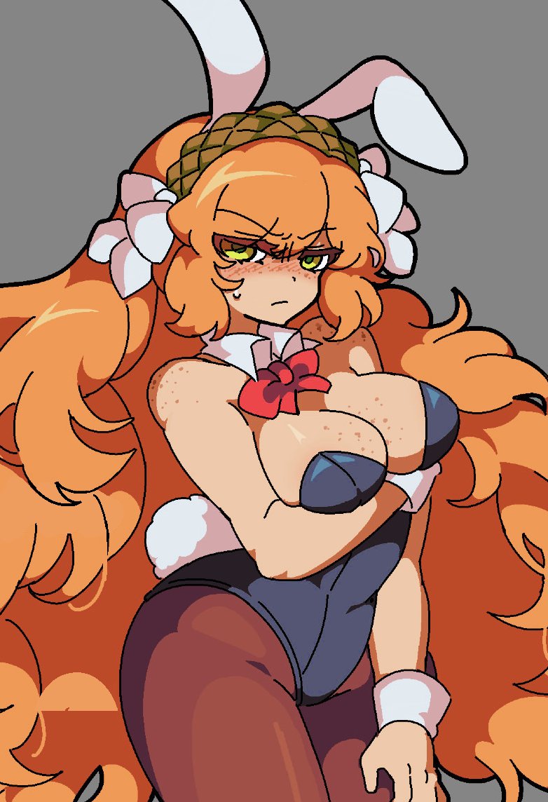 1girl, animal_ears, black_leotard, blush, body_freckles, bow, breast_freckles, breasts