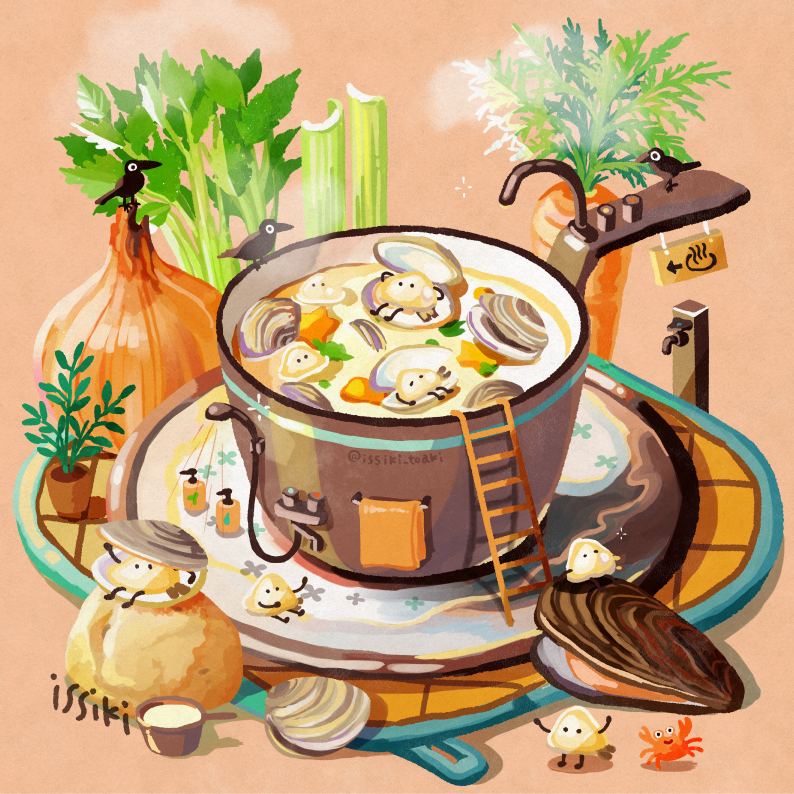 animal, artist_name, bird, chowder_(food), cooking_pot, crab, crow, food