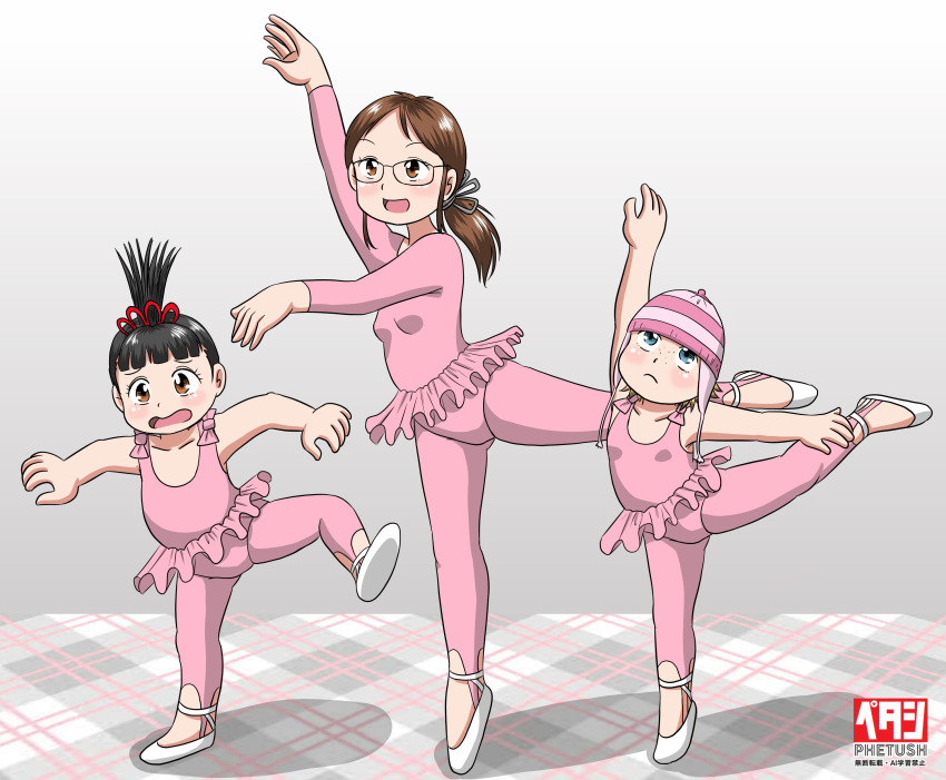 1girl, absurdres, agnes_(despicable_me), arm_up, ballerina, ballet_slippers, beanie, black_hair, blonde_hair, blue_eyes, blush, bow, breasts, brown_eyes, brown_hair, collarbone, despicable_me, edith_(despicable_me), flat_chest, freckles, glasses, gradient_background, grey_background, grey_ribbon, hair_ornament, hair_ribbon, hat, highres, leggings, leotard, loli, long_hair, long_sleeves, looking_down, looking_up, low_ponytail, margo_(despicable_me), marup, open_mouth, pink_bow, pink_hat, pink_leggings, pink_leotard, pink_skirt, ponytail, ribbon, shoes, short_hair, siblings, sisters, skirt, small_breasts, smile, standing, standing_on_one_leg, striped_clothes, striped_headwear, tiptoes, topknot, tutu, white_shoes