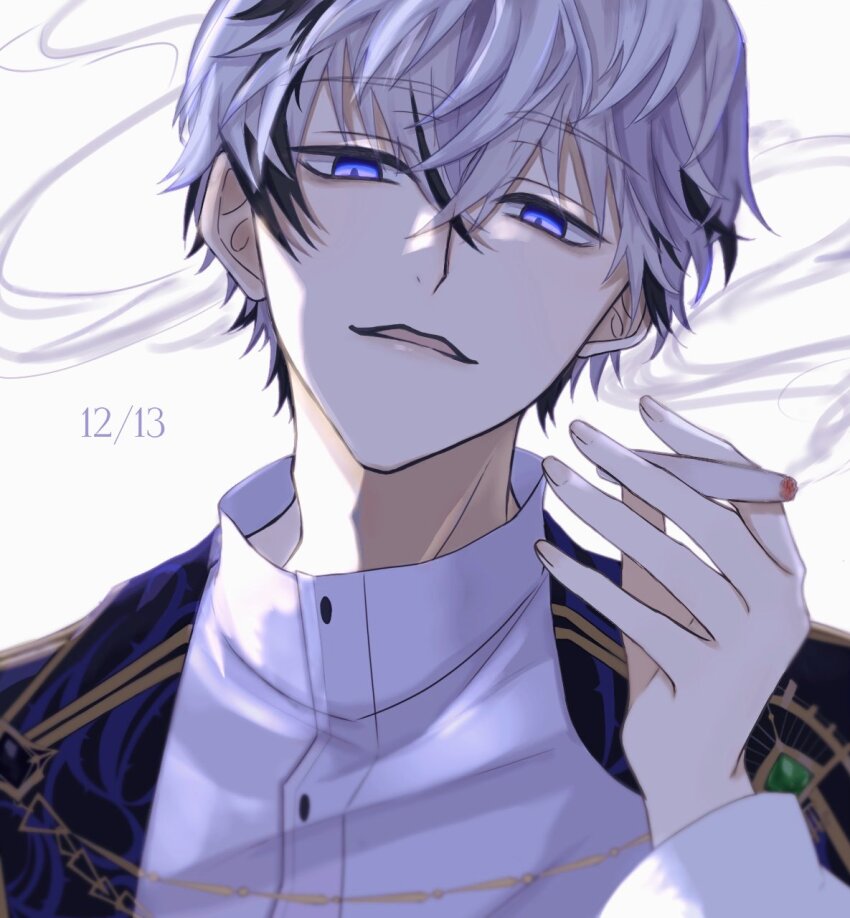 1boy, black_hair, cigarette, highres, holding, holding_cigarette, ikemen_villain, jude_jazza