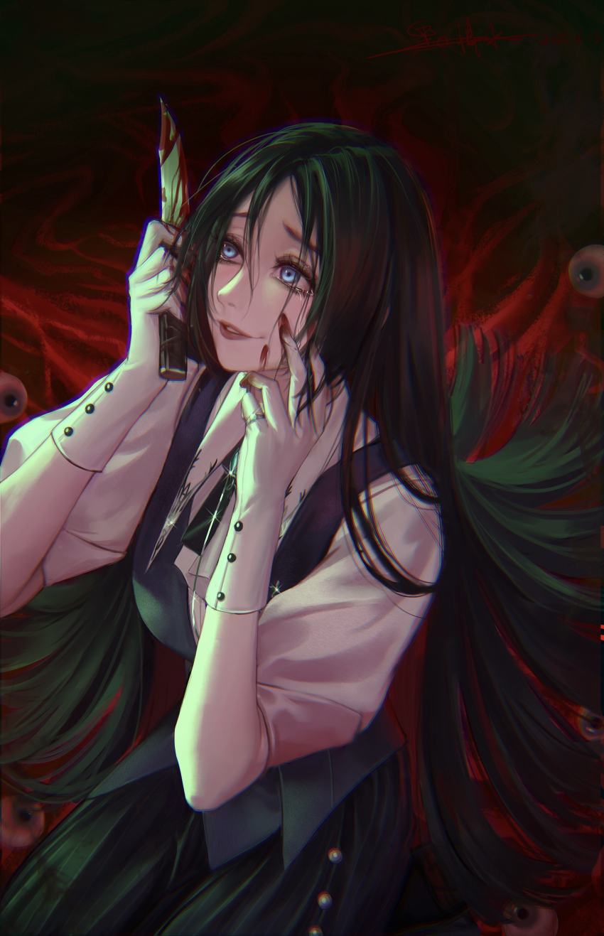 1girl, absurdres, aged_down, ascot, black_hair, black_skirt, blood, blood_on_face