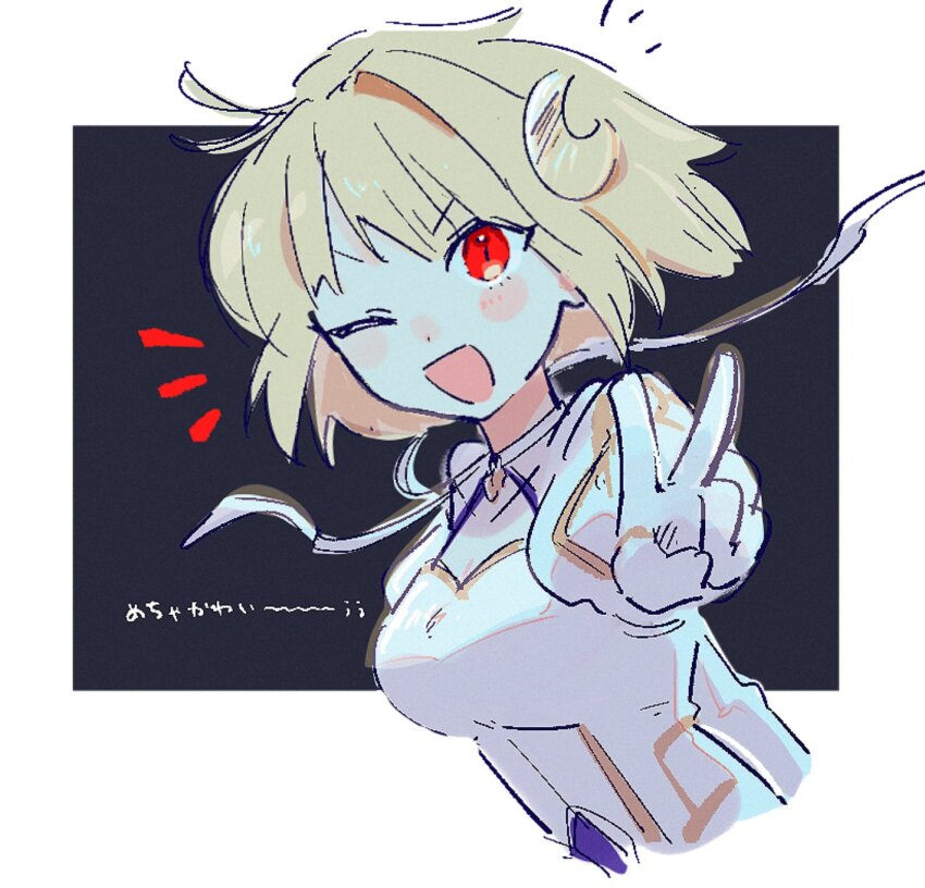 1girl, :d, arcueid_brunestud, bare_shoulders, blonde_hair, blush, breasts, choker, cleavage, crescent, crescent_hair_ornament, detached_sleeves, dress, gloves, gold_trim, hair_ornament, highres, kanoko_iii, magical_girl, one_eye_closed, open_mouth, phantas-moon, red_eyes, short_hair, sketch, smile, tsukihime, tsukihime_(remake), upper_body, v, white_dress, white_gloves