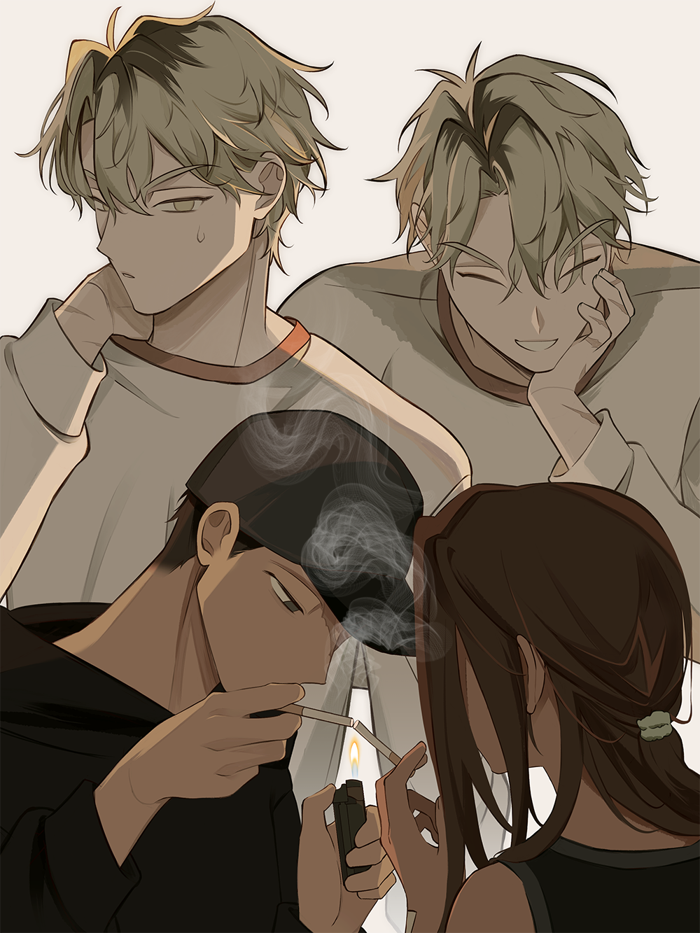 1girl, 2boys, alien_stage, black_eyes, black_hair, black_hat, black_hoodie, black_tank_top