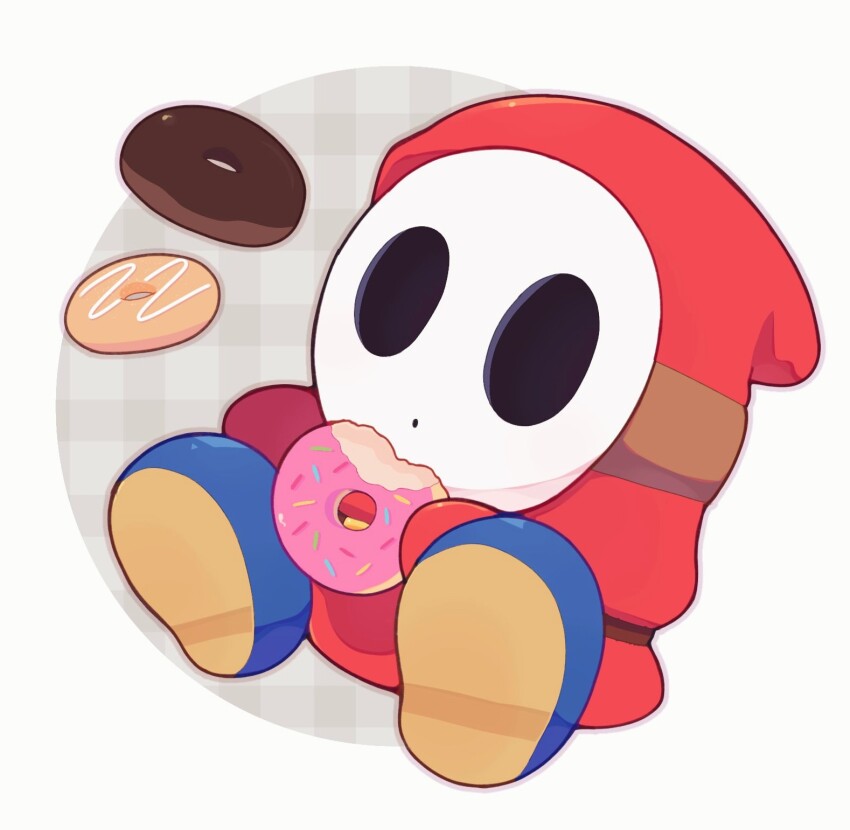 1boy, blue_boots, boots, donut, food, highres, holding, holding_donut