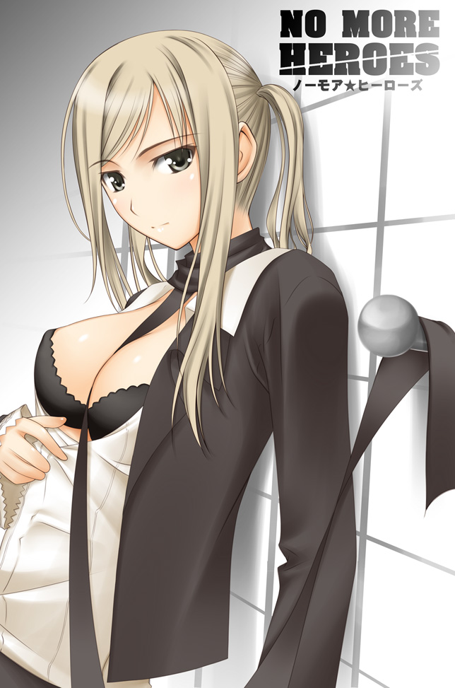 1girl, between_breasts, blonde_hair, bra, breasts, cleavage, female_focus, grasshopper_manufacture, large_breasts, lingerie, no_more_heroes, open_clothes, open_shirt, ribucci, shirt, silvia_christel, solo, sylvia_christel, underwear