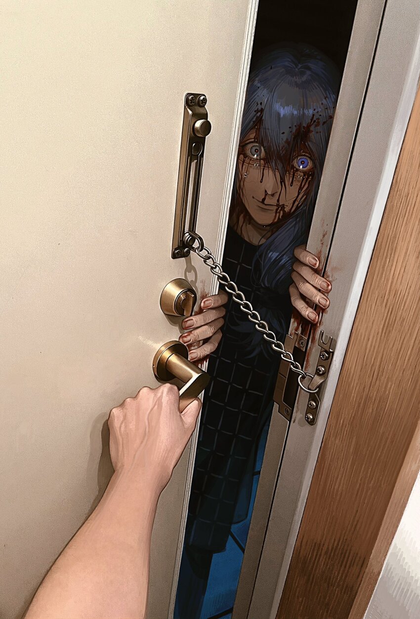 1boy, 1other, blood, blood_on_face, blood_on_hands, blue_eyes, blue_hair, door_lock