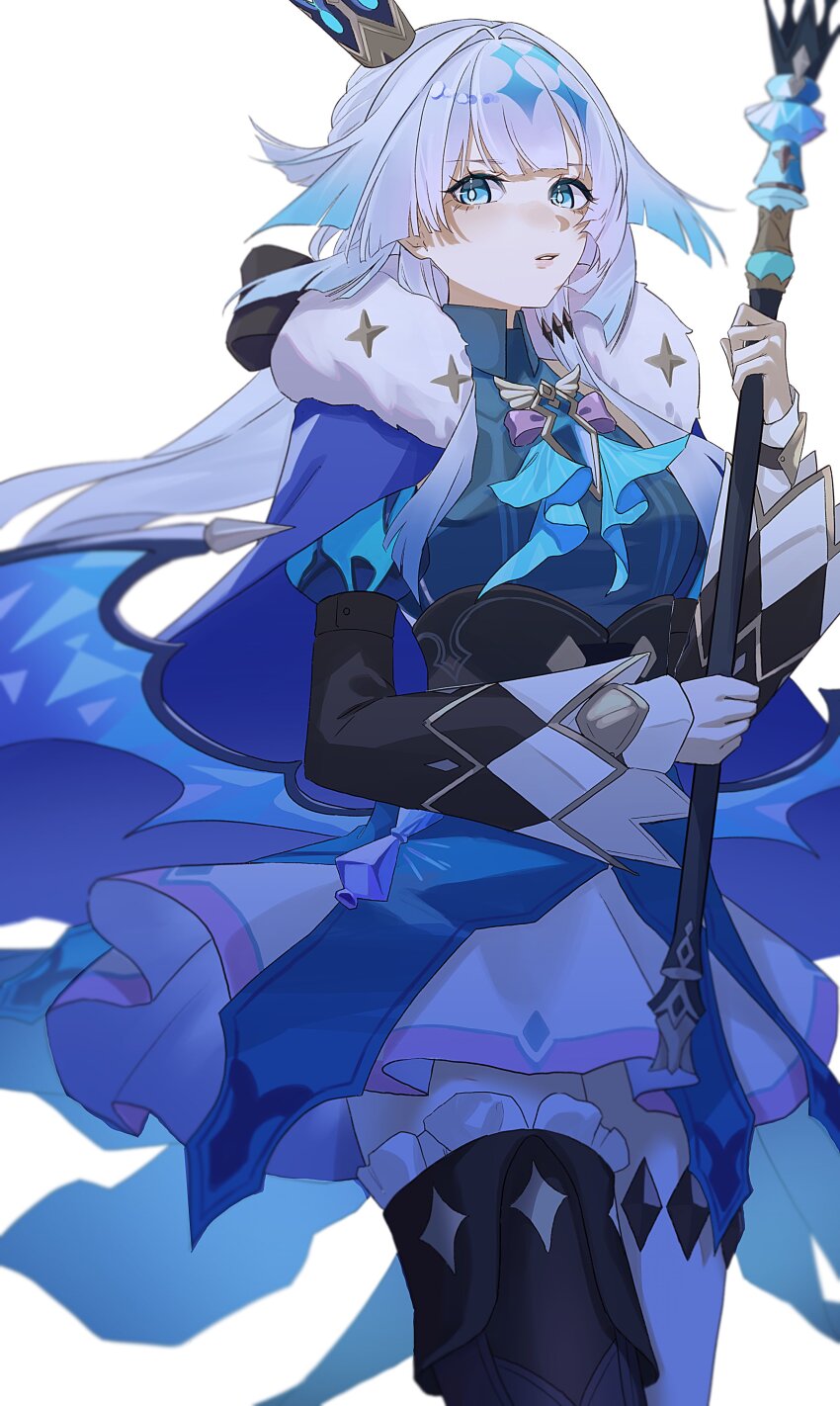 1girl, absurdres, black_thighhighs, blue_coat, blue_dress, blue_eyes, breasts, cane