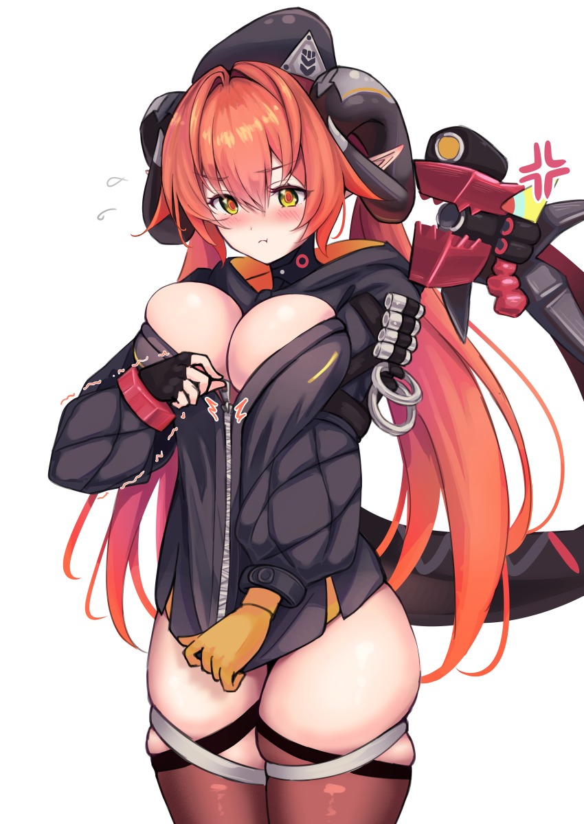 1girl, :t, absurdres, ahoge, anger_vein, beret, black_jacket, blush, breasts, calamy, cleavage, fingerless_gloves, flying_sweatdrops, gloves, green_eyes, hair_between_eyes, hat, highres, horns, jacket, large_breasts, long_hair, magus_(zenless_zone_zero), orange_hair, orange_pupils, orphie_magnusson, partially_unzipped, pointy_ears, pout, simple_background, single_fingerless_glove, skindentation, struggling, thighhighs, twintails, white_background, yellow_gloves, zenless_zone_zero, zipping