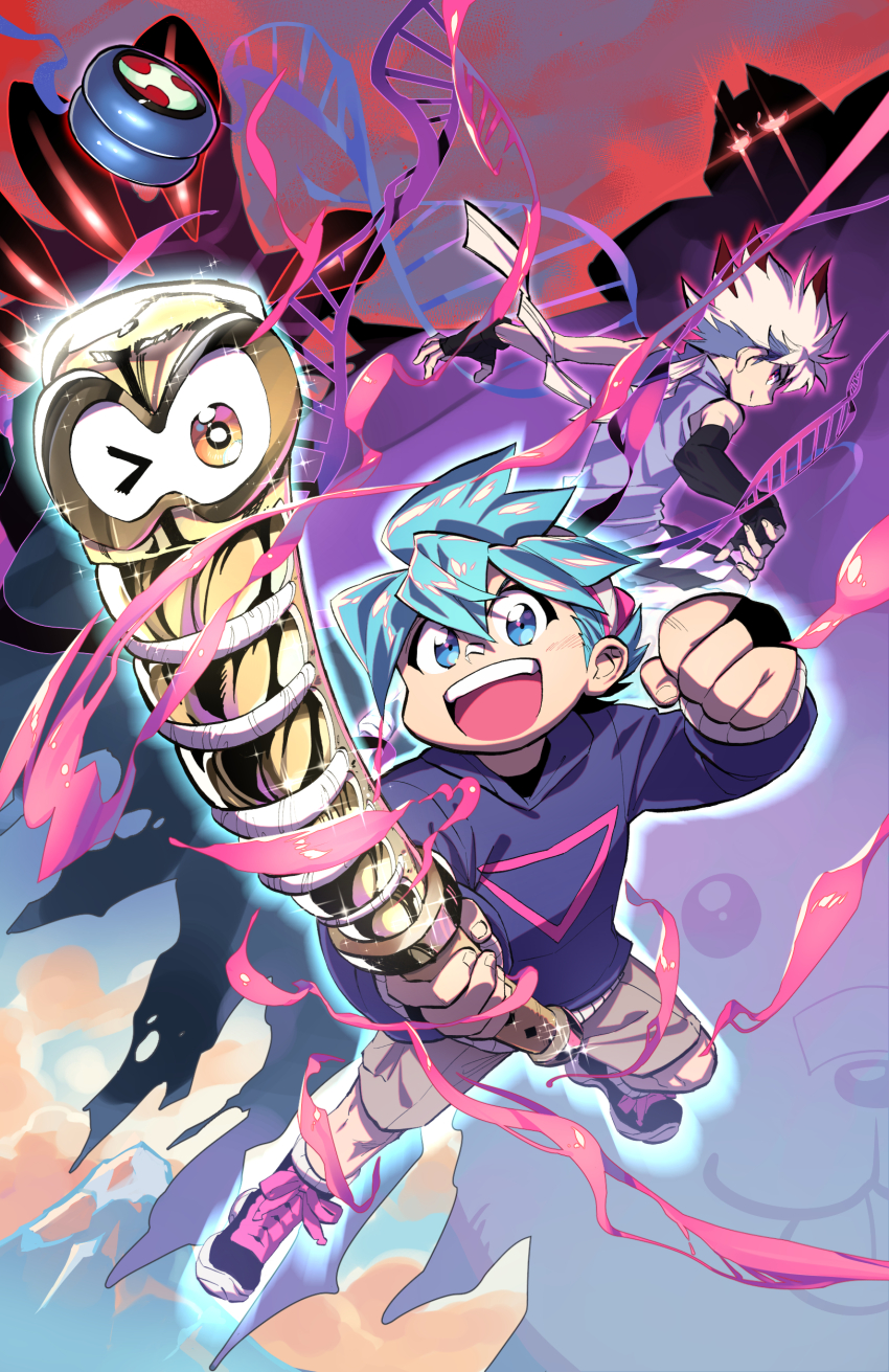 3boys, absurdres, aqua_eyes, aqua_hair, backwards_hat, baseball_cap, big_mouth, black_boots