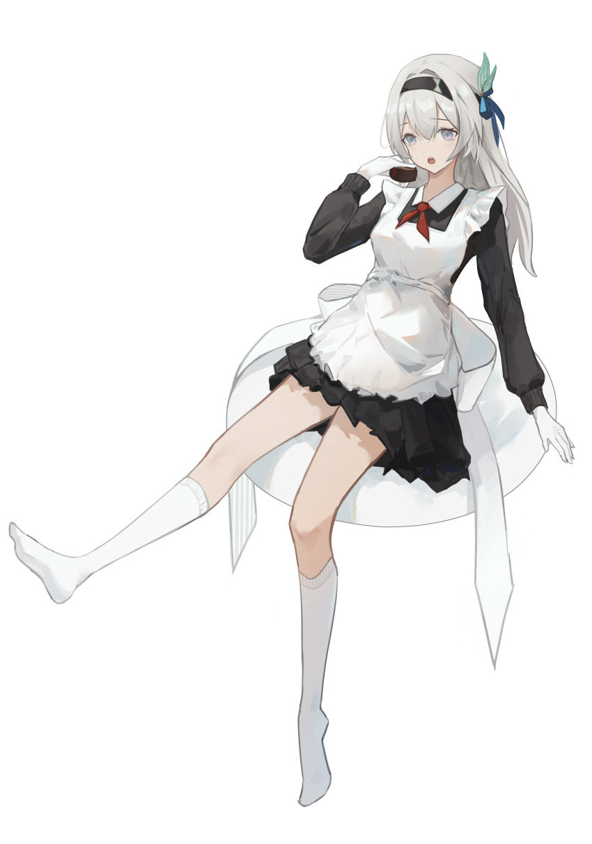 1girl, absurdres, alternate_costume, apron, black_dress, black_hairband, breasts, chocolate