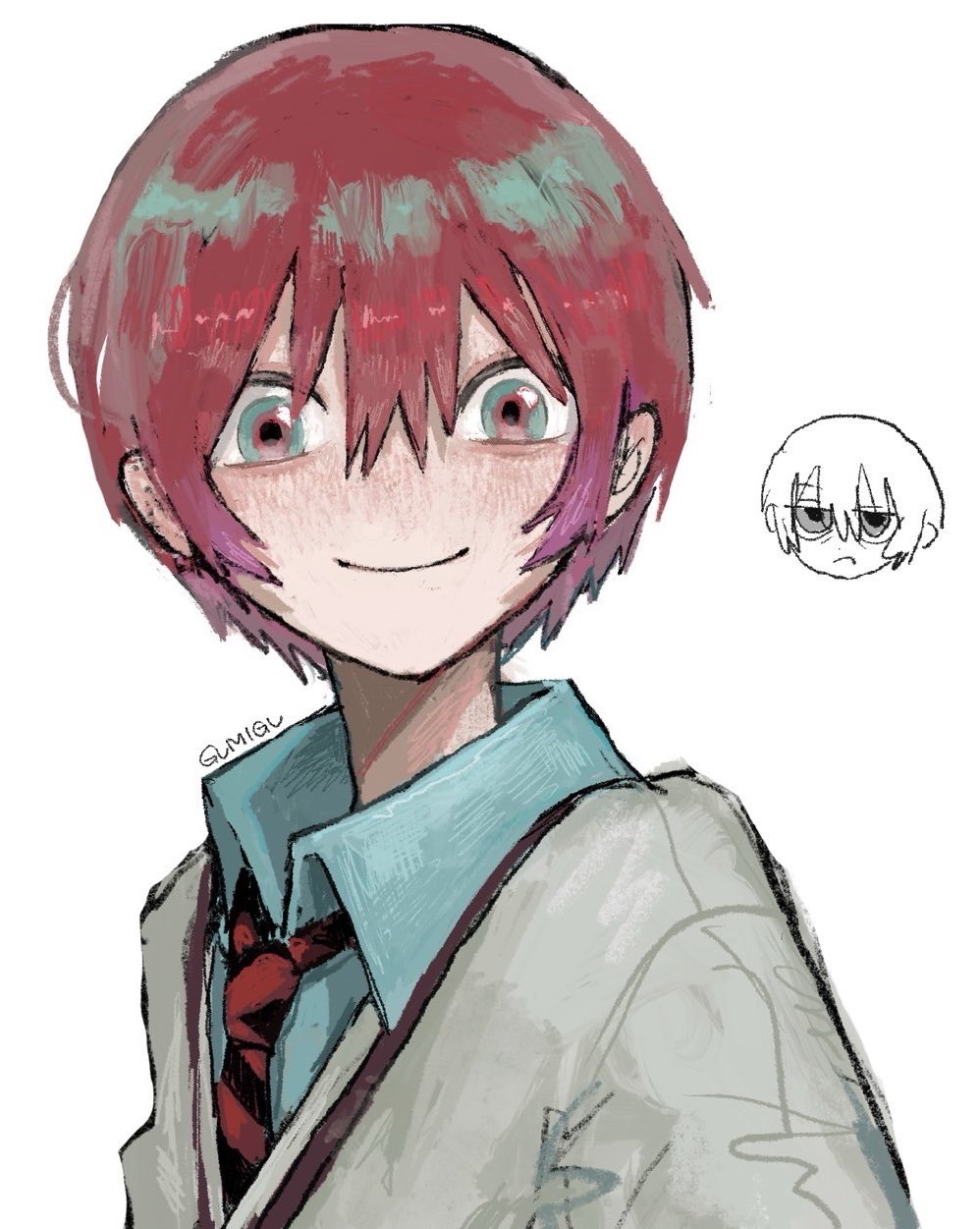 1girl, amate_yuzuriha, aqua_eyes, blush, collared_shirt, gumidrawing, gundam, gundam_gquuuuuux