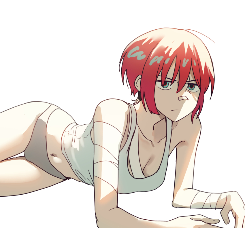 1girl, amate_yuzuriha, aqua_eyes, bandaged_arm, bandaged_chest, bandages, bandaid, bandaid_on_face, bandaid_on_nose, breasts, cleavage, gundam, gundam_gquuuuuux, highres, jitome, lying, midriff, navel, otakulifewow, red_hair, short_hair, simple_background, sleeveless, solo, tank_top, underwear, white_background