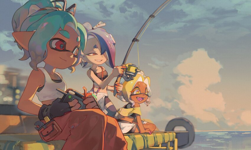 3girls, aluih7, baggy_pants, black_bra, black_gloves, black_shorts, blonde_hair, blue_hair, blue_sky, bra, bra_peek, breasts, closed_mouth, colored_extremities, colored_eyelashes, colored_tongue, crop_top, cross-shaped_pupils, dark-skinned_female, dark_skin, fangs, fingerless_gloves, fishing, fishing_rod, frye_(splatoon), frye_(splatoon_raiders), gloves, gradient_hair, grey_thighhighs, grin, hair_over_one_eye, highres, holding, holding_fishing_rod, inkling, inkling_girl, inkling_player_character, long_eyelashes, mechanic_(splatoon_raiders), medium_hair, midriff, miniskirt, multicolored_hair, multiple_girls, navel, nintendo, octoling, official_alternate_costume, one_eye_covered, open_mouth, outdoors, pants, parted_bangs, pointy_ears, ponytail, purple_hair, purple_tongue, red_eyes, red_pants, shawl, shirt, shiver_(splatoon), shiver_(splatoon_raiders), short_hair, shorts, shorts_under_skirt, shoulder_strap, sitting, skirt, sky, small_breasts, smile, splatoon_(series), splatoon_raiders, symbol-shaped_pupils, tentacle_hair, thick_eyebrows, thighhighs, underwear, white_shirt, white_skirt, yellow_eyes, yellow_shawl