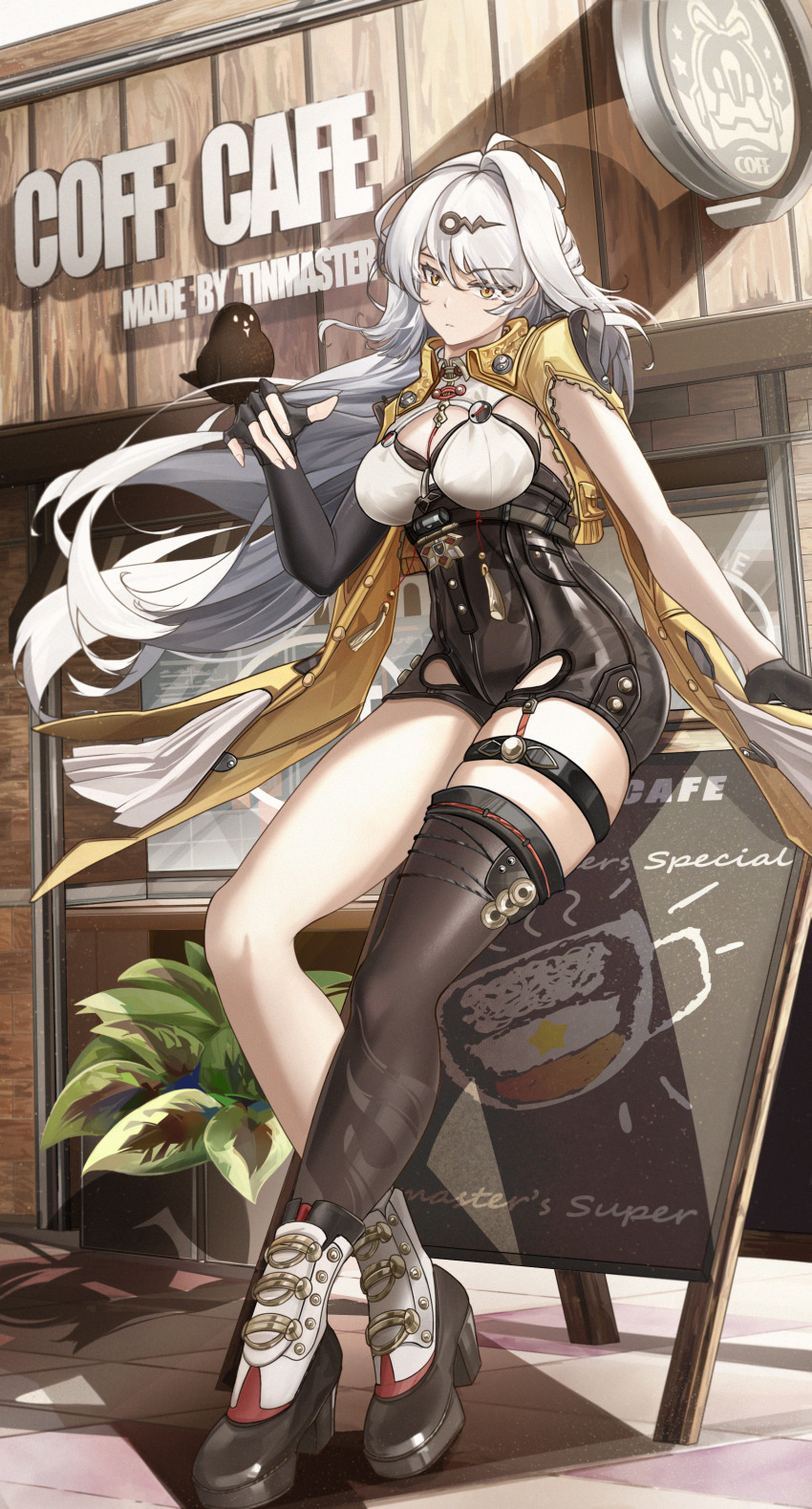 1girl, absurdres, asymmetrical_gloves, bird, bird_on_hand, black_gloves, black_shorts, black_thighhighs