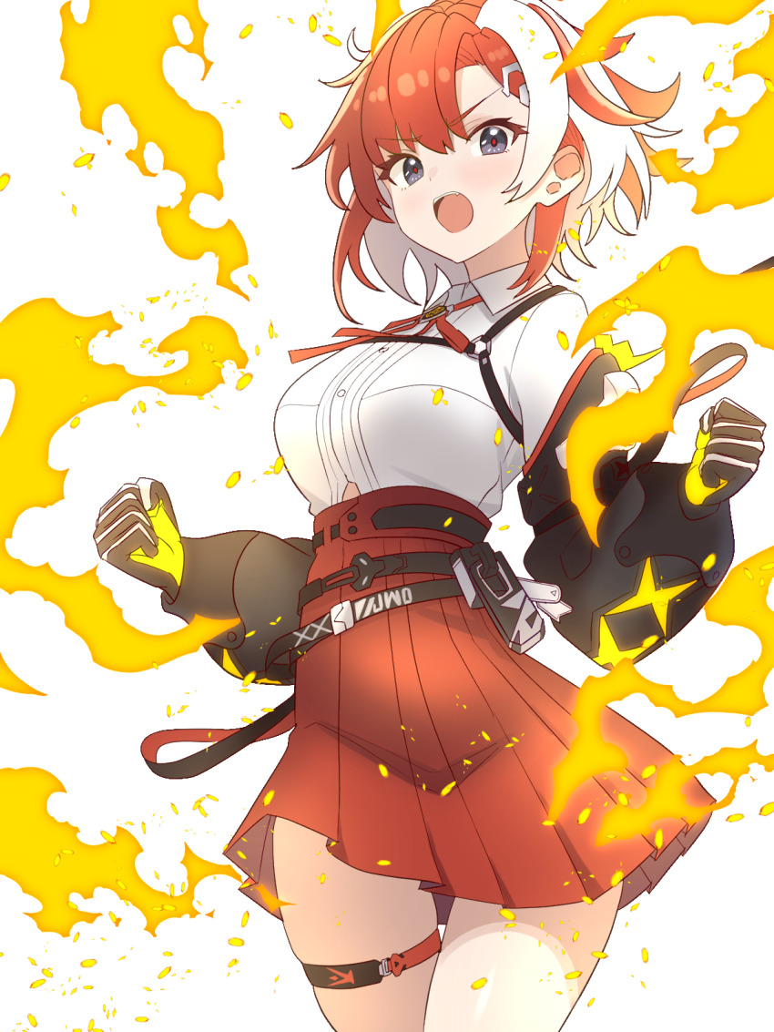 1girl, black_gloves, breasts, collared_shirt, commentary, cowboy_shot, dress_shirt, eika_(strinova)