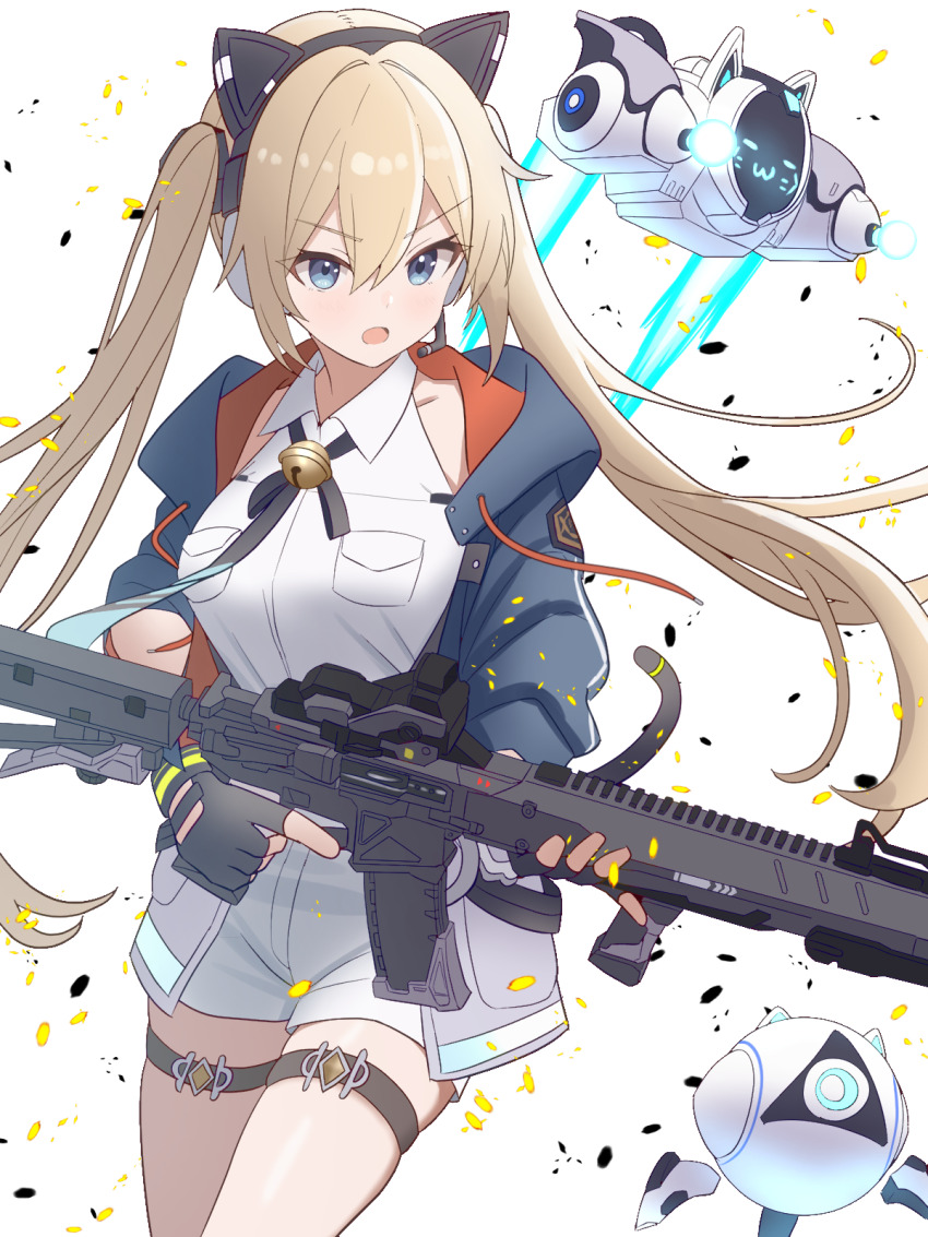 1girl, animal_ears, assault_rifle, blonde_hair, blue_eyes, blue_jacket, cat_ears, cat_tail