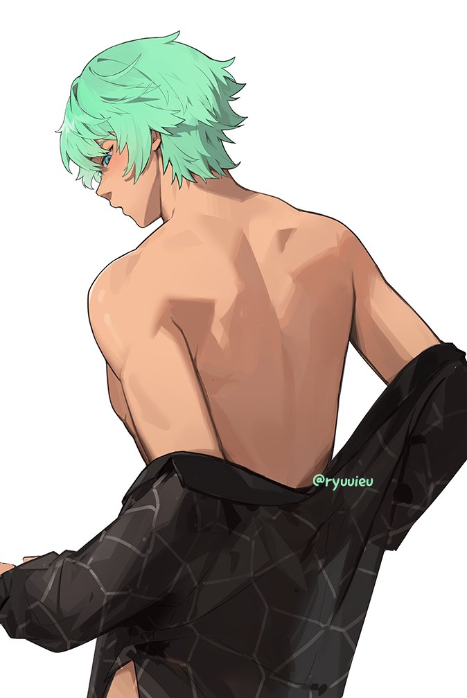 1boy, cove_holden, double-parted_bangs, from_behind, green_eyes, green_hair, hair_between_eyes, looking_at_viewer