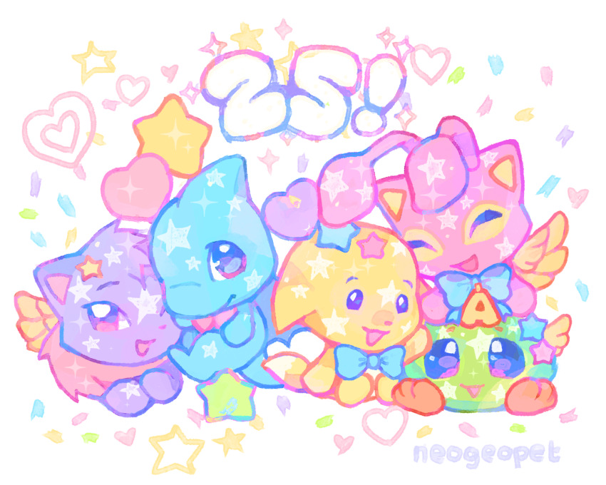 25th_anniversary_neopet, aisha_(neopets), animal_focus, anniversary, artist_name, bow, bowtie, chibi, chibi_only, colorful, commentary, confetti, creature, creature_focus, english_commentary, highres, jubjub_(neopets), kacheek, neogeopet, neopet_(creature), neopets, no_humans, shoyru, simple_background, star_(symbol), white_background, wings, wocky_(neopets)