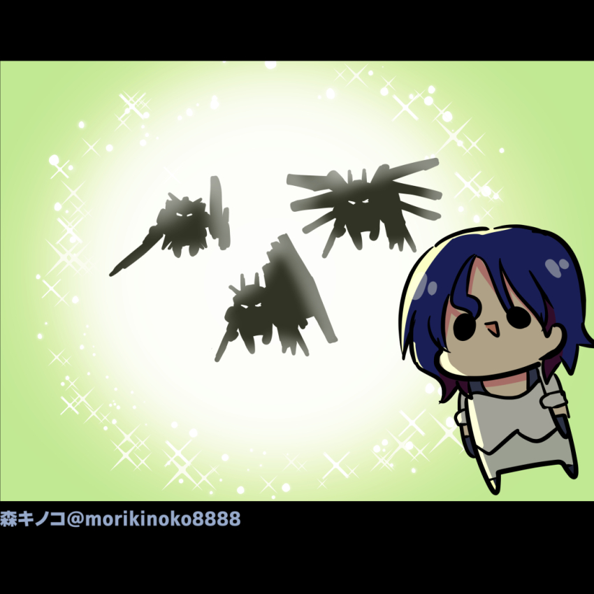 00_qan[t], 1boy, beam_rifle, blue_hair, char's_counterattack, chibi, commentary, energy_gun