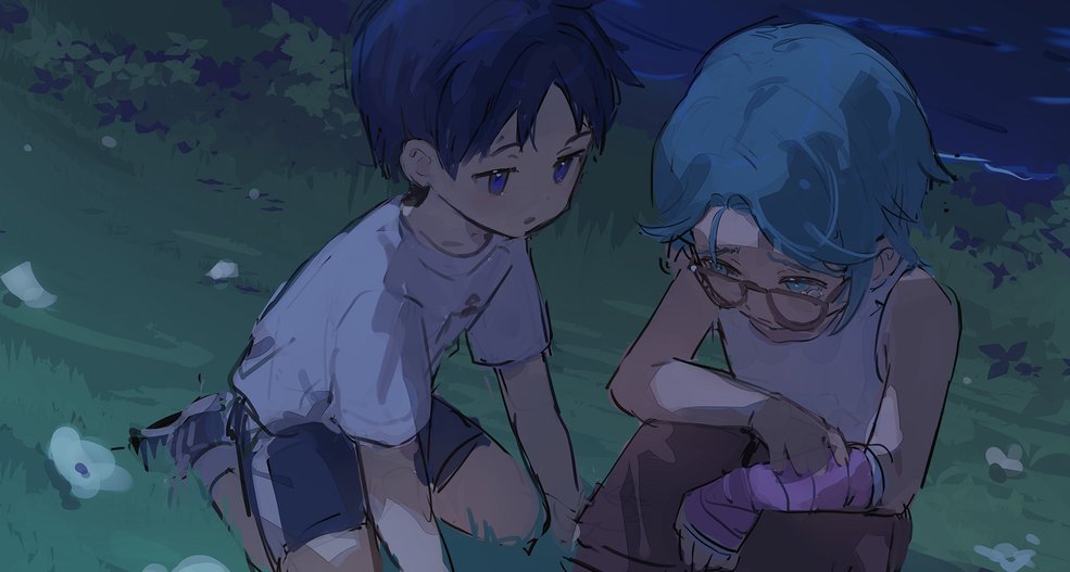2boys, arm_cast, black_shorts, blue_eyes, blue_hair, bush, cast, cove_holden
