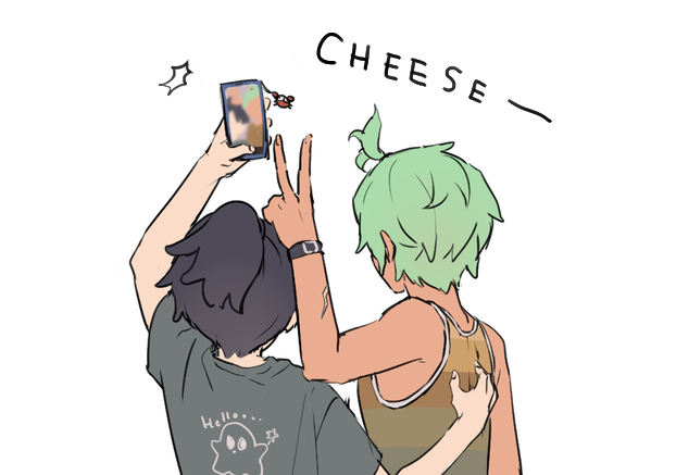 2boys, bangs_pinned_back, black_hair, cellphone_charm, charm_(object), cove_holden, curtained_hair, english_text