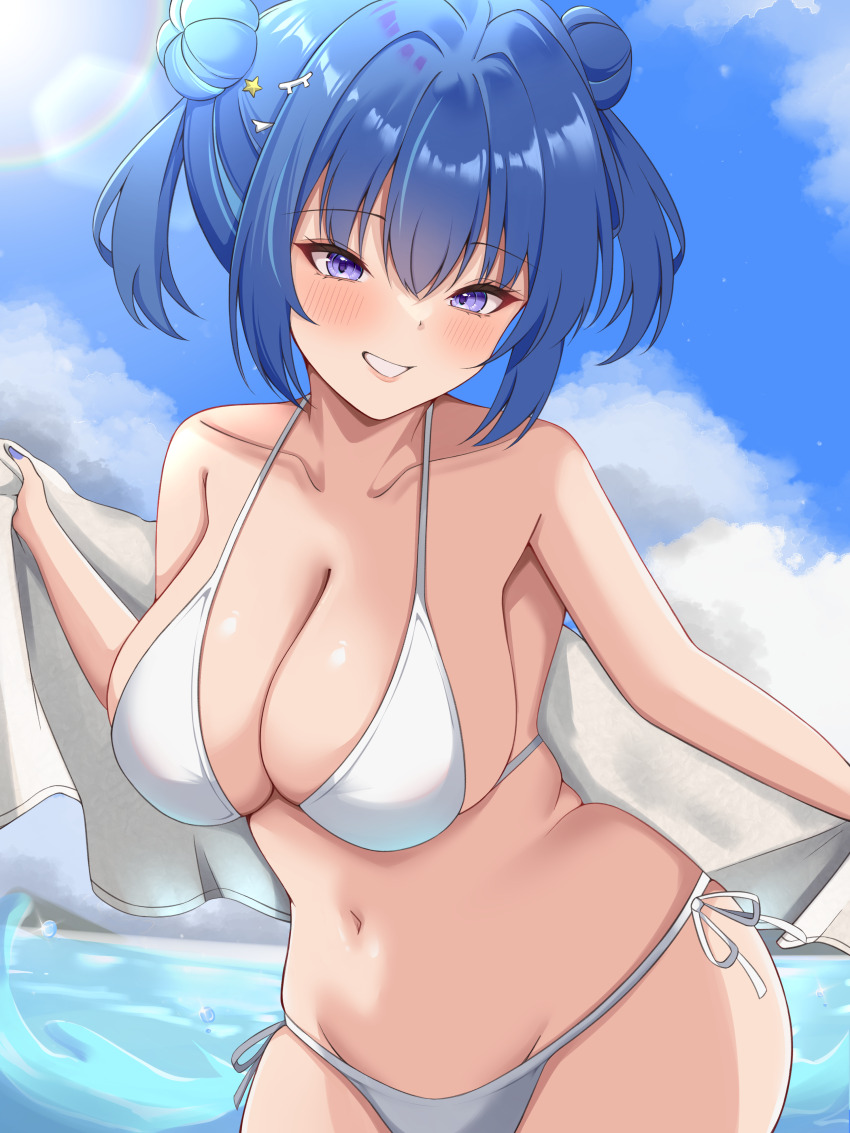 1girl, absurdres, alternate_costume, bare_shoulders, bikini, blue_eyes, blue_hair, blush
