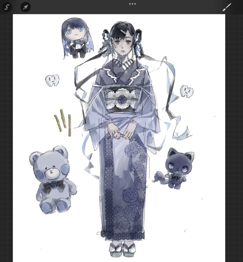 1girl, ado_(utaite), adorozatorumary, black_hair, blue_eyes, blue_hair, blue_kimono, braid